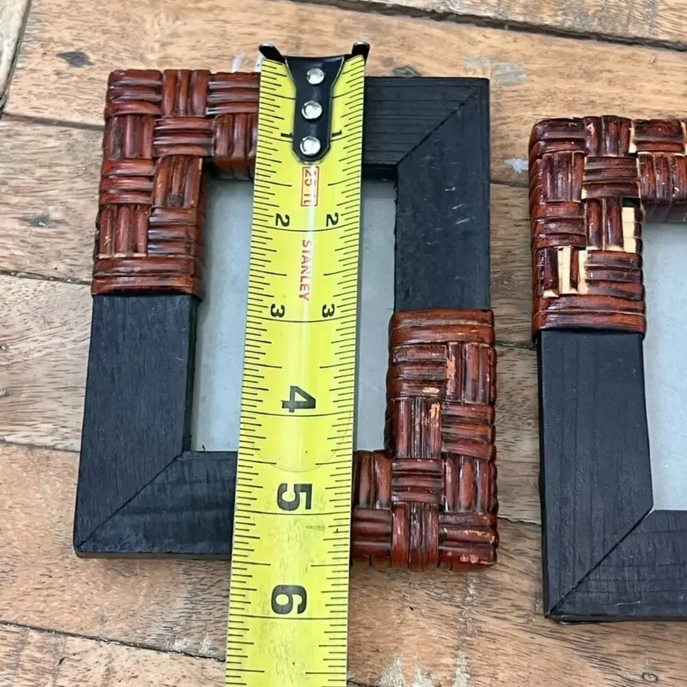 Vintage Dark Walnut Wood Woven Rattan Picture Frames 3x2